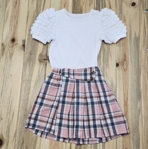 SHEIN Plaid Skirt White Puff Sleeve Shirt Girls Size 7y
